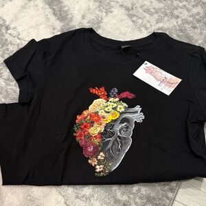 SHEIN Black Tee with Floral Anatomical Heart Graphic